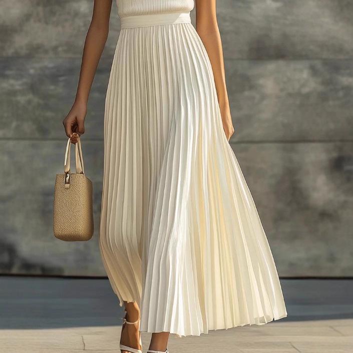 Elegant Cream Chiffon Pleated Long Skirt - Comfortable and Casual European & American Style