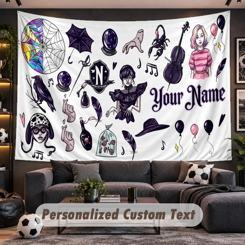Wednesday Addams Personalized Tapestry Support Custom Name, Wall Art Home Decoration
