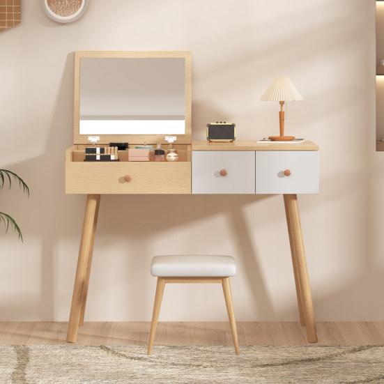 Dressing Table Sufficient Storage Capacity Strong Load-bearing High Stability Burr Free with Mirror Space-saving Smooth Edge Wide Desktop