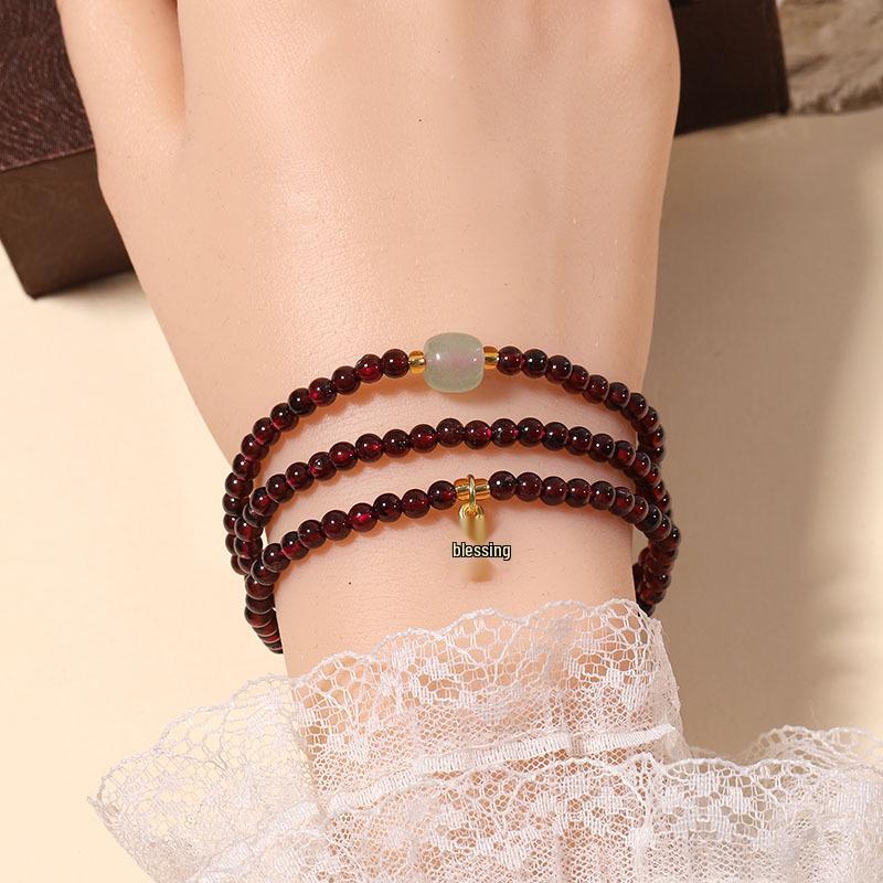 Exquisite Women's Garnet & Hetian Jade Three-Circle Lucky Bead Bracelet