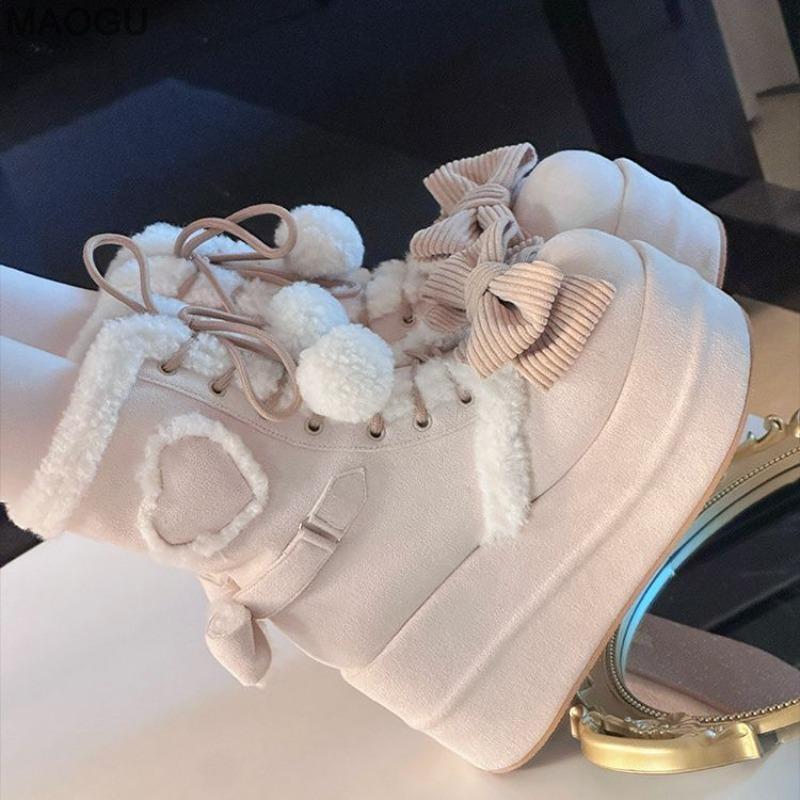 Lovely Plush Pink Lolita Platform Snow Boots Winter Thick Sole Warm Fur Short Boots Women's Height Increasing Shoes Size 35-39