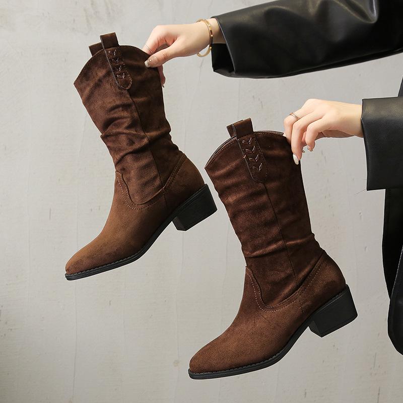 

Женские ботинки больших размеров 2025 осень и зима новая джинсовая ретро плиссированная присборенная обувь с острым носком толстый каблук тонкие ботинки Мартин 40 кофейный