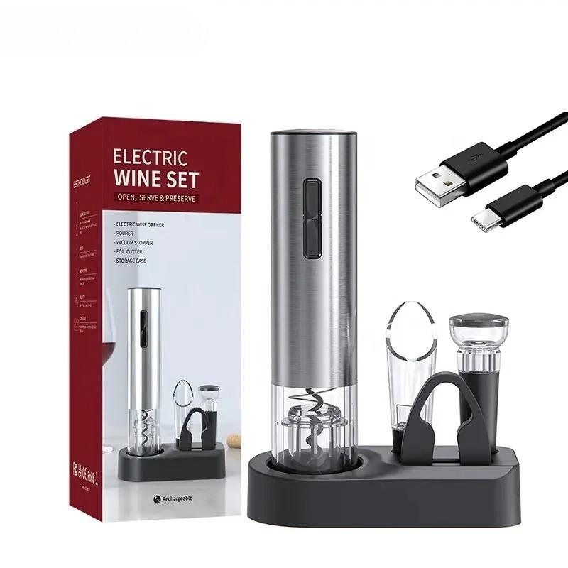 USB elektrický otvírák na červené víno - Čtyři kusy - Nabíjecí elektrický otvírák z nerezové oceli - Kráječ na zátky