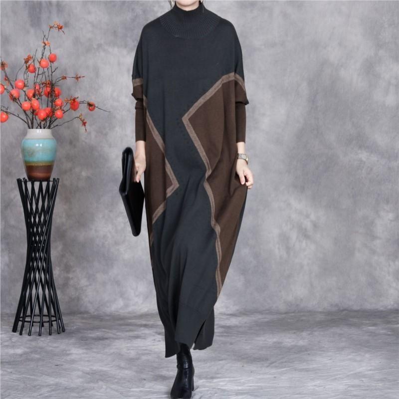Johnature Mujer Otoño Moda Cuello Alto Suelto Manga Larga Vestido Estilo Chino Contraste Vestido Casual
