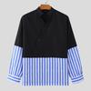 INCERUN Oversized Men Stand V Neck Long Sleeve Striped Patchwork Casual T-shirts Tops