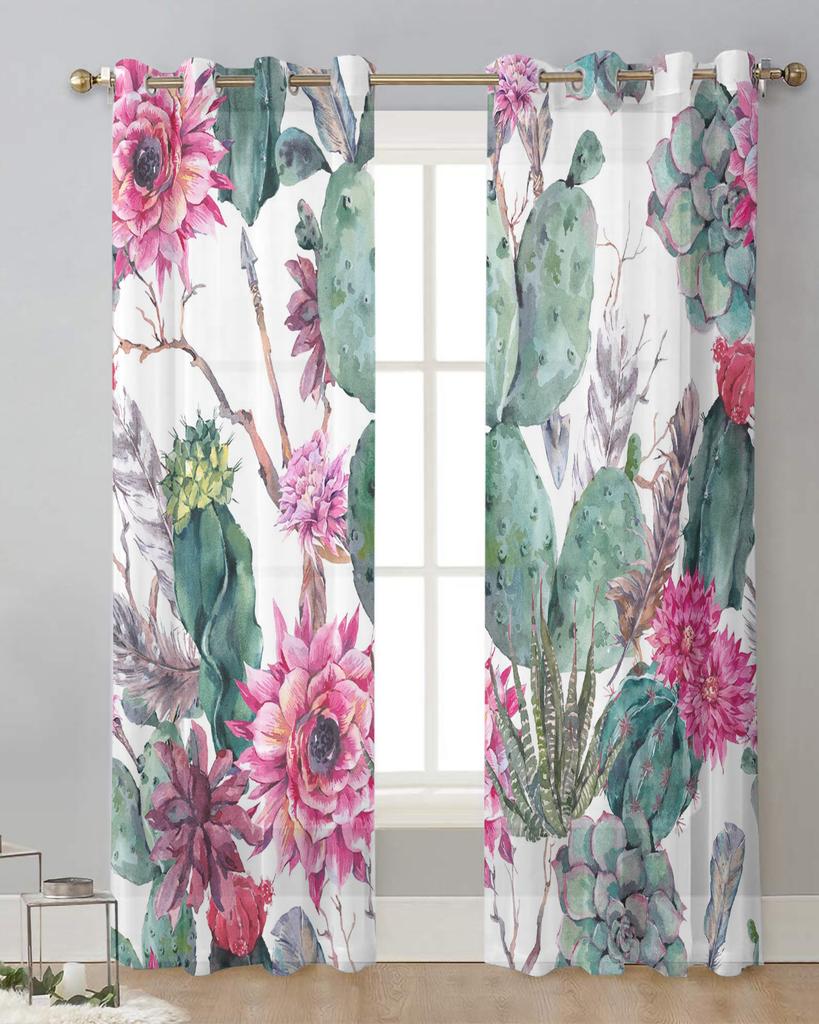 Tropical Plant Green Cactus Pink Flower Sheer Curtains for Living Room Decoration Window Curtains Kitchen Tulle Voile Curtains