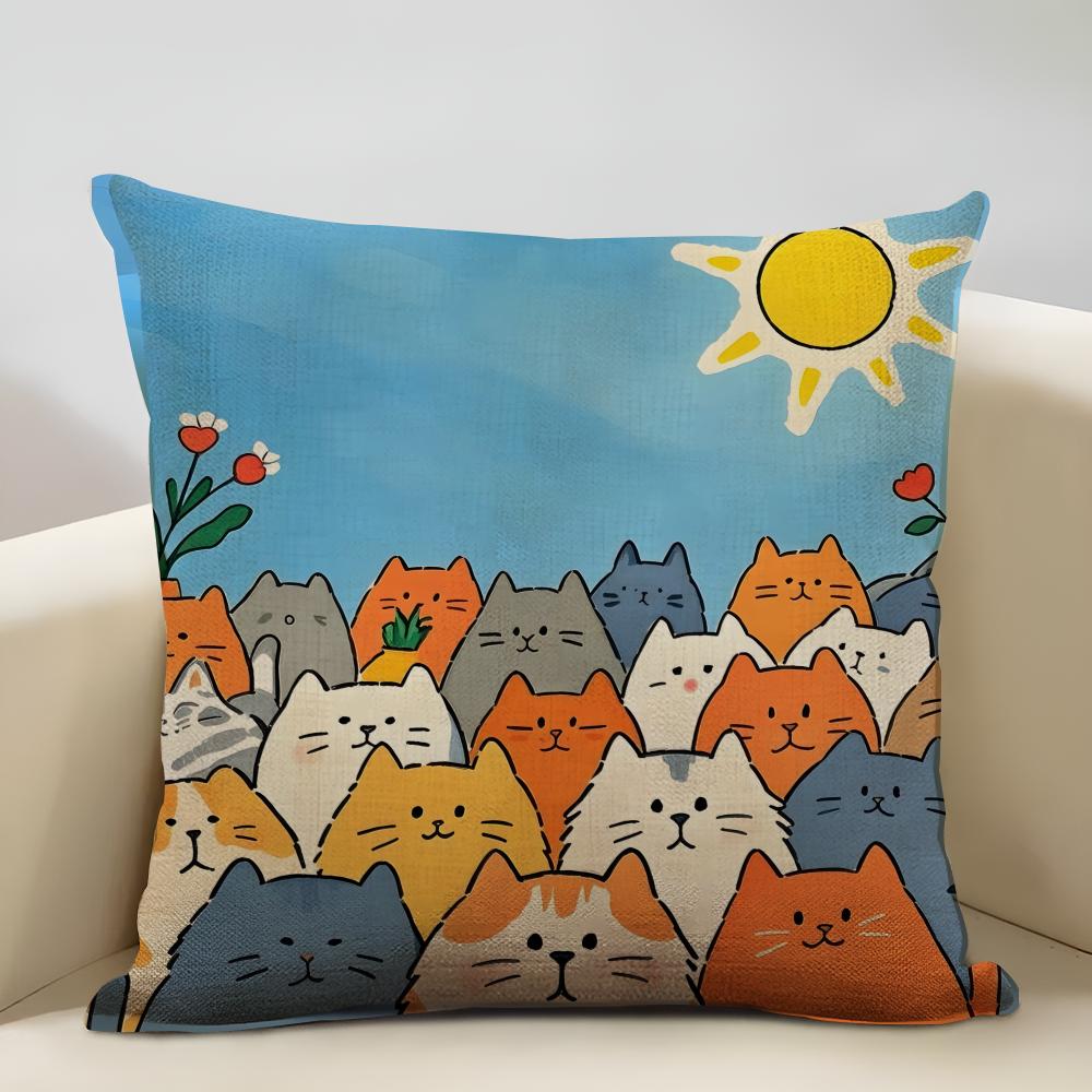 1 Cartoon Cute Cat Picture ForWake Up Cushion Cover Household Decoration Linen Sofa Cushion Cover: Skin-Friendly & Breathable Wi