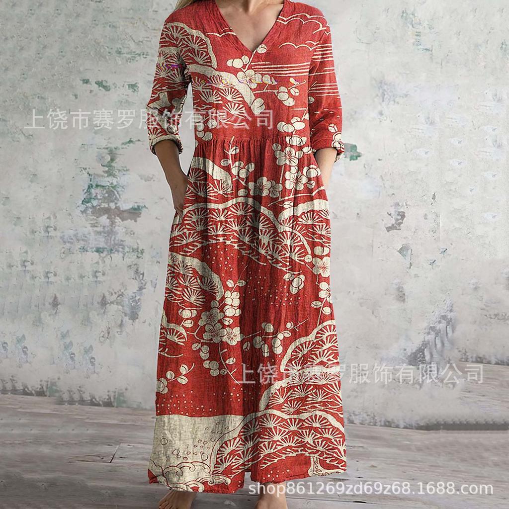 Damen Langarm V-Ausschnitt Maxi Kleid mit Streifenmuster, Knöchellanges Fließendes Kleid, Lässig Elegantes Kleid