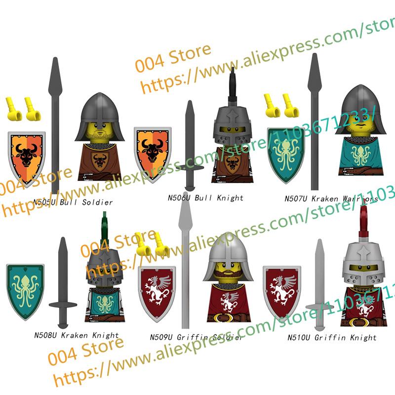 N511U-518U N335-337 Mittelalterliche Burg Ritter Bausteine Figuren Vierseitiger UV-Druck Waffen Zubehör Spielzeug Kindergeschenke F030