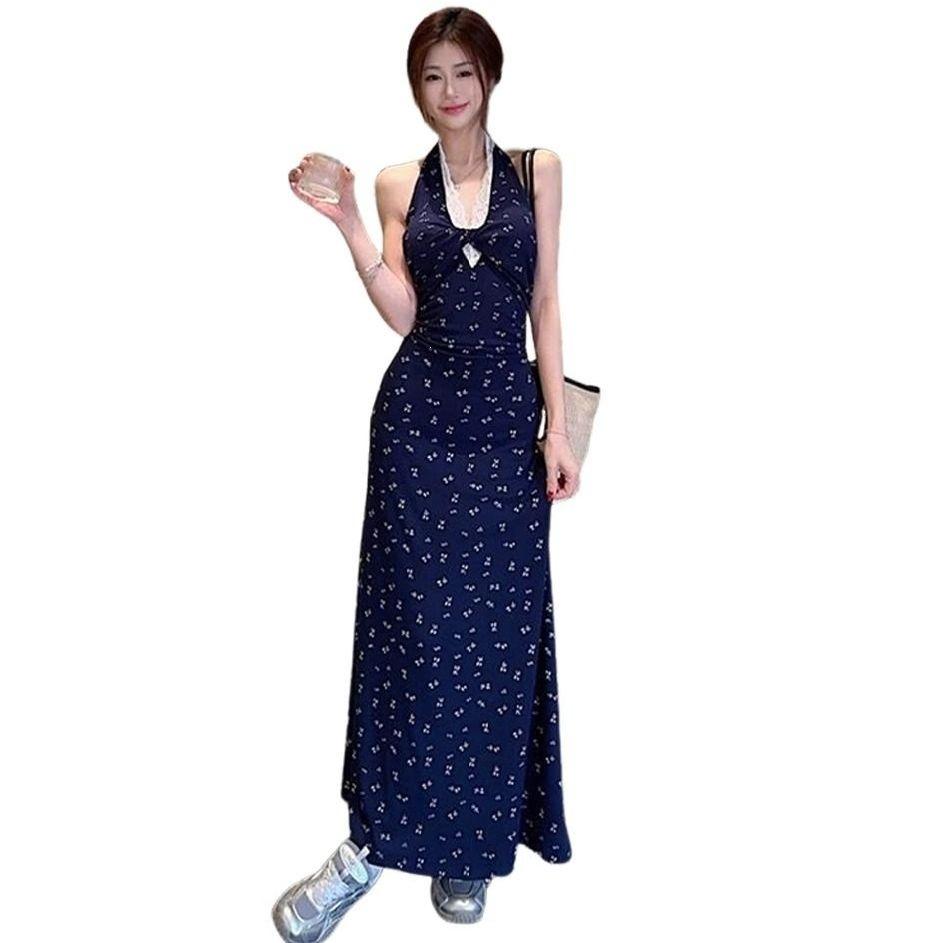 Kink lace neck sling floral dress women's summer new seaside vacation beach dress