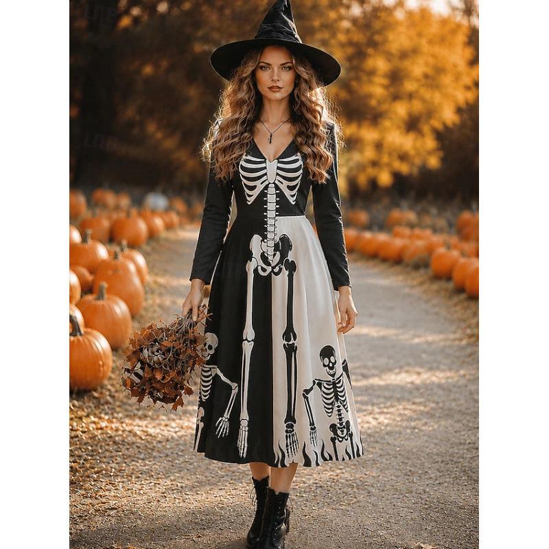 IFICY Women's Fashion Spring Autumn Long Sleeve V‑Neck High Waist Retro Bohemian Casual Dresses