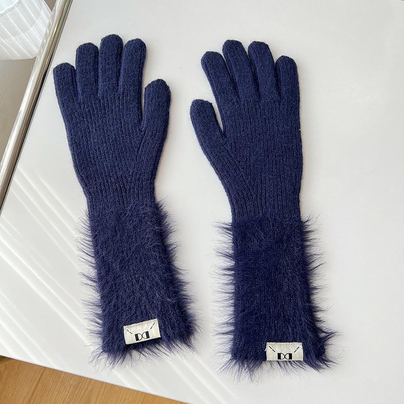 Autumn and winter dopamine solid color warm five-finger gloves versatile knitted cute student girl sweet long cycling sleeves