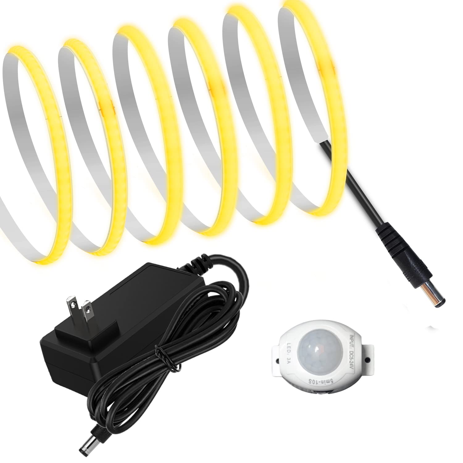 

[RYE] COB LED Strip Light, Motion Sensor, Flexible, 5mm Wide, 5m, 320 LEDsm, 2700K Warm White, DC12V, 180° Illumination, Double-Sided Tape,