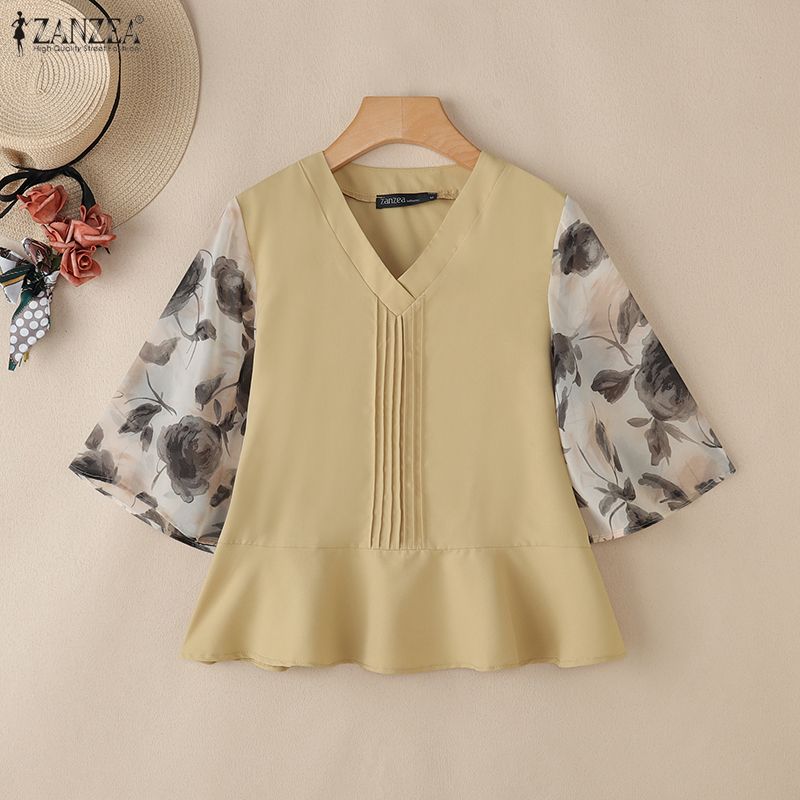 ZANZEA Women Round Neck Loose Casual Splice 3/4 Sleeve Blouse
