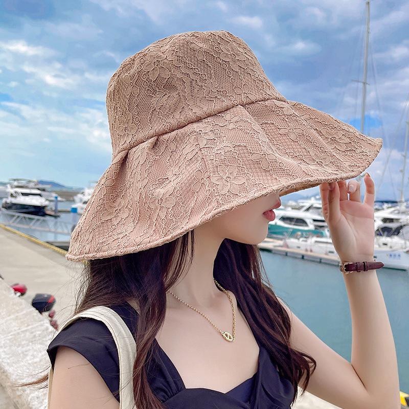 Big Edge Bucket Hat Women's Summer Sweet Tie Pearl Lace Flower UV anti-UV Sunshade Basin Hat