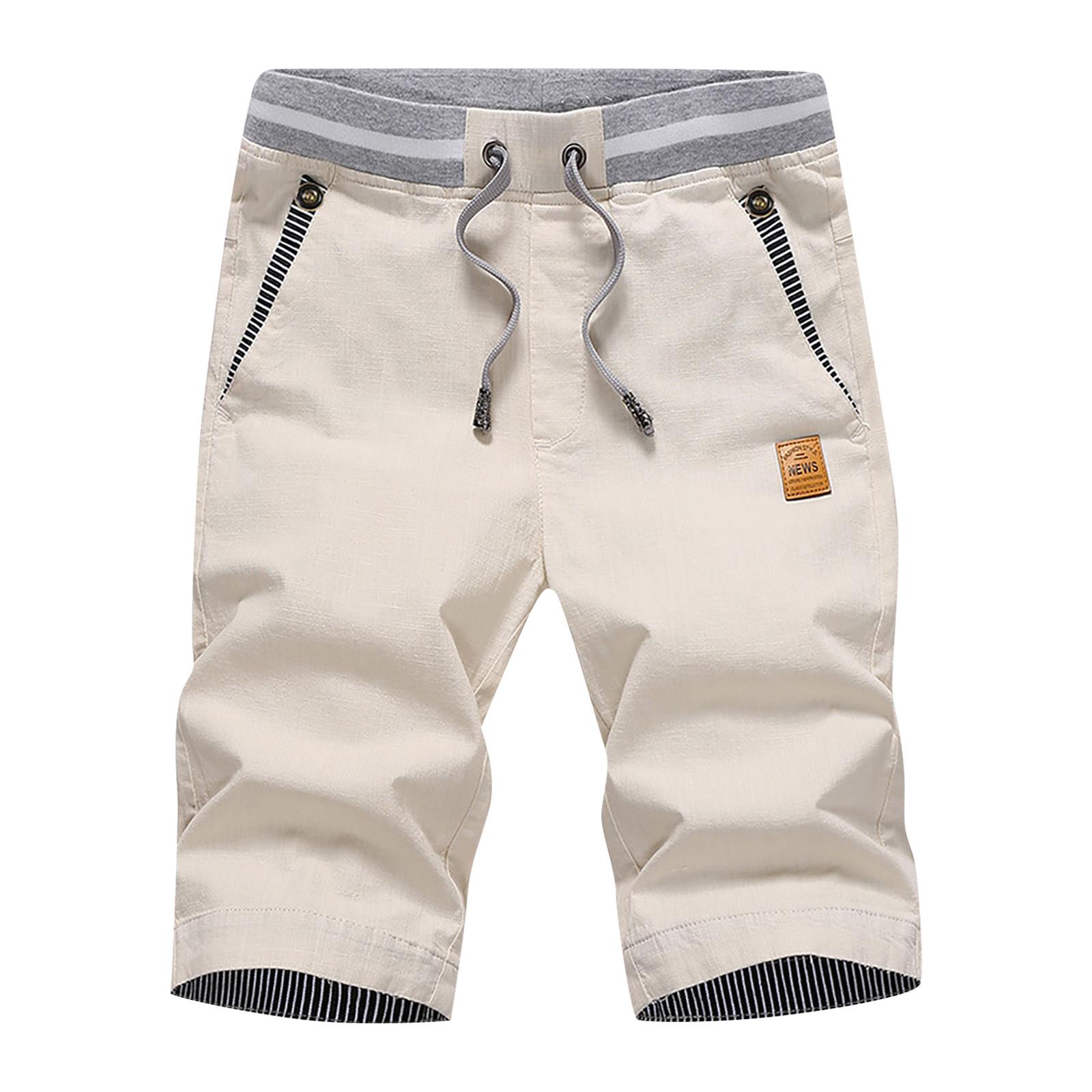 

Мужские спортивные хлопковые льняные повседневные свободные шорты Повседневные пижамы с карманами для бега Брюки XXL бежевый