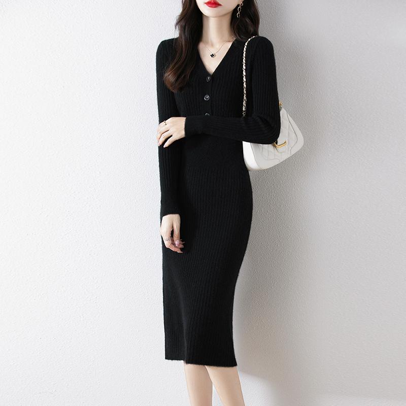 Dame Genser Kjole 100 % Ull MODERN NEW SAGA V-hals Strikk Lang Pullover Vintergensere Ull Lang Kjole Dame
