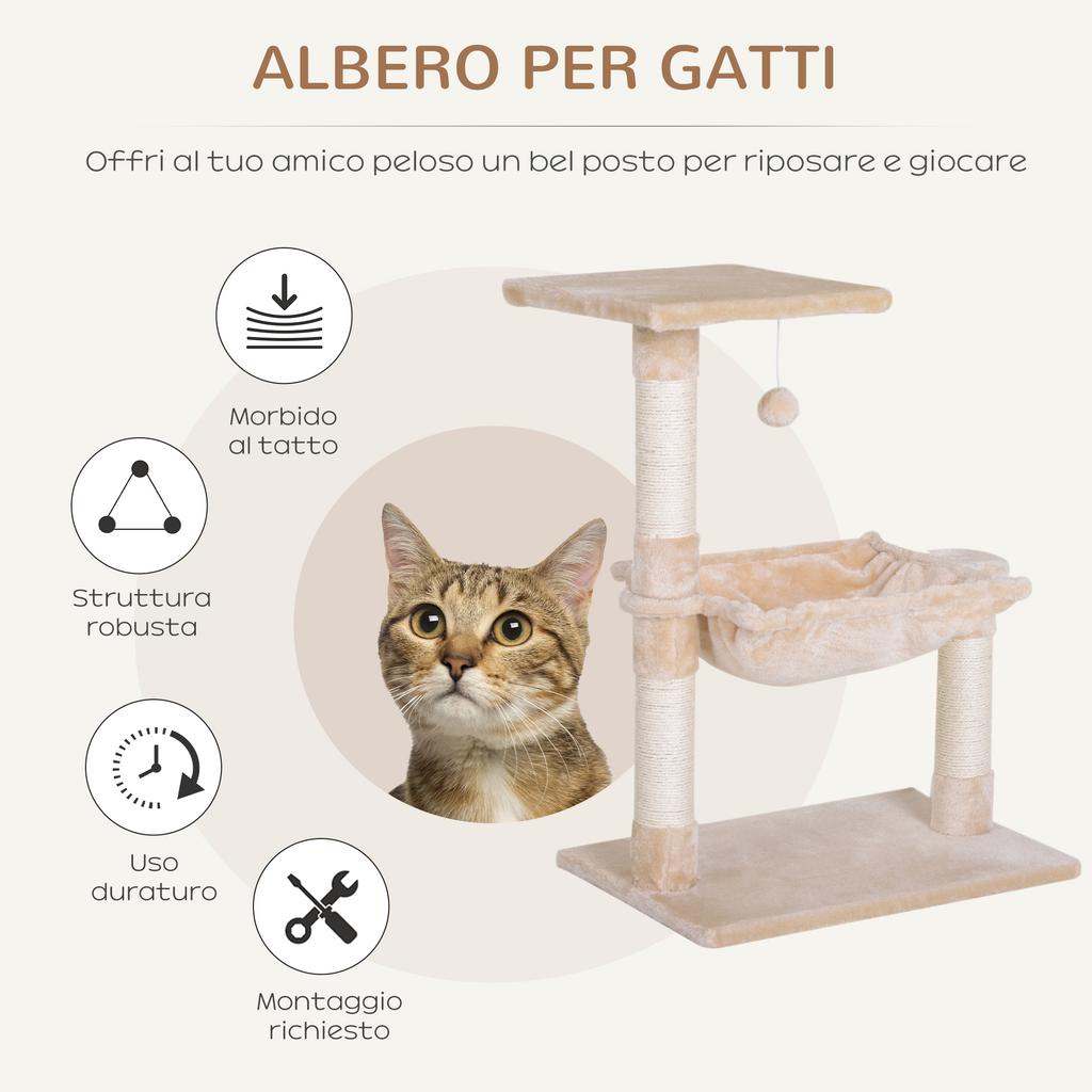 Cat Tower max 3.6kg with Hammock and Hanging Ball, Made of Wood and Plush, 50x36x70 cm, Beige