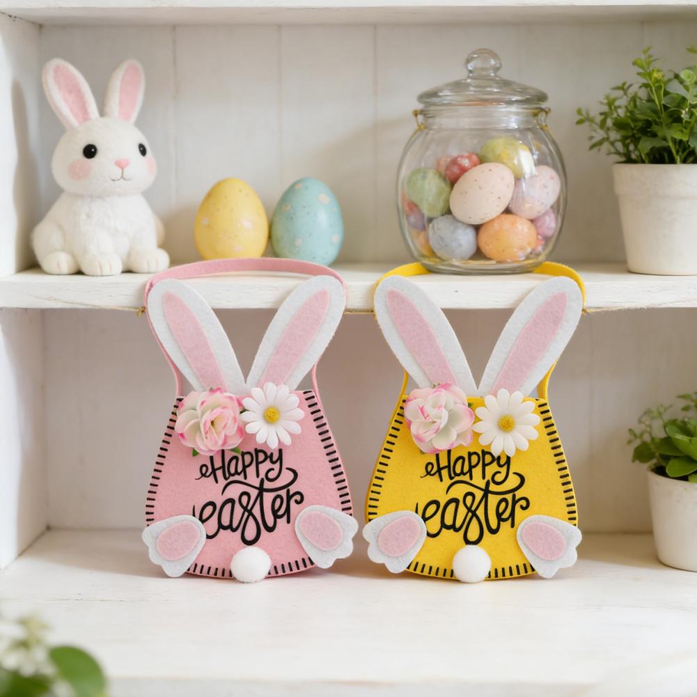 Easter Candy Bag Easter Egg Hunt Bag Easter Tote Bag with Handles Reusable Bunny Gift Bags Rabbit Ears Flowers Easters Basket