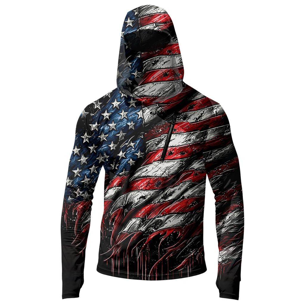 Men's Long Sleeve Hooded Sweatshirt with Flag Print Lightweight Pullover Casual Hooded Top with Front Zipper Pocket