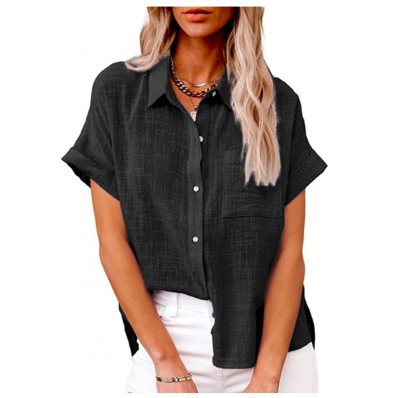Frauen Sommer Einfarbig Baumwolle Leinen Shirts Revers Kurzarm Button Up Unregelmäßige Tasche Blau Weißes Hemd
