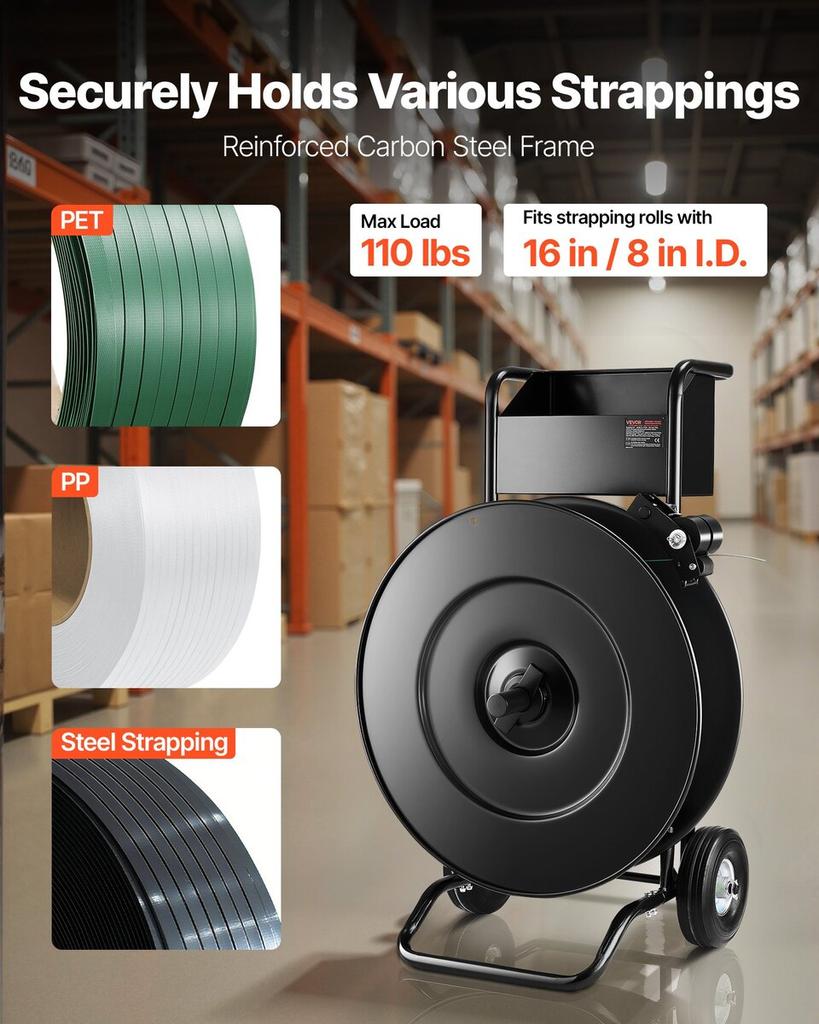 Banding Strapping Cart, Fit for PET / PP / Steel Strapping Coils with 20.3/40.6 Cm Core Size, Heavy Duty Strapping Dispenser Equipped with Upgrade