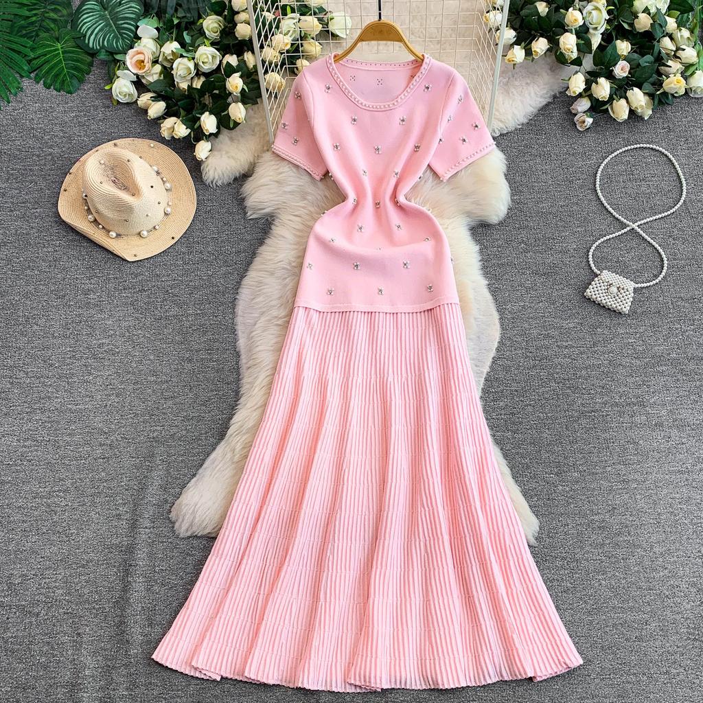 Temperament elegant daughter wind bead round neck dress women's high-end pleated knitted fishtail dress long dress