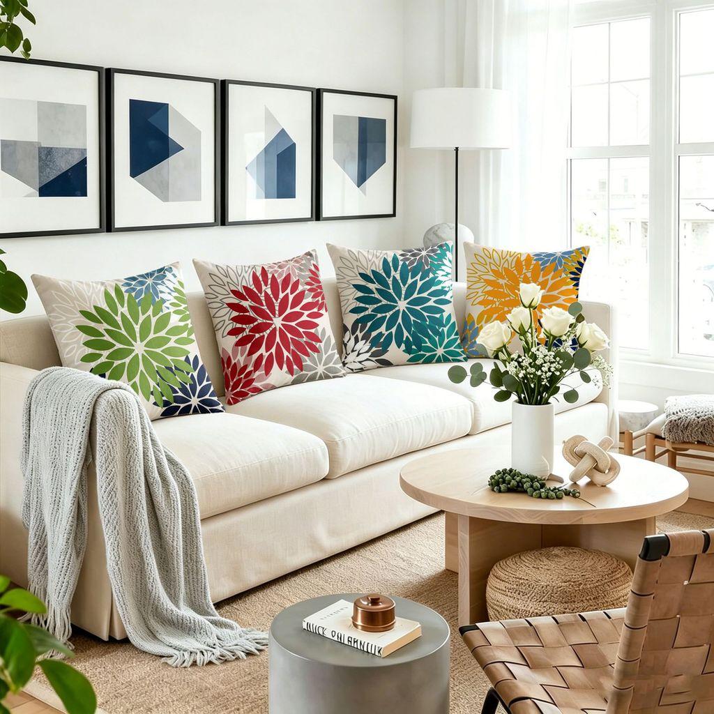 Geometric Color Flower Pillow Cover Polyester Fabric Modern Decor For Living Room
