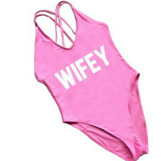 

WIFEY Print White Crossover European & American Sexy One-Piece Swimsuit Large