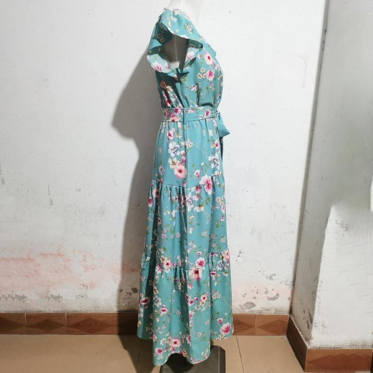 Bohemian Summer Casual Dress Women Floral Print Sleeveless V Neck A Line High Waist Lace Up Beach Vacation Ankle Length Dress