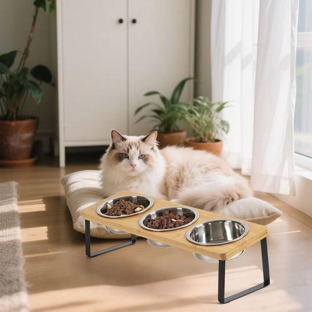 Non Slip Wood Pet Feeder Anti-Vomiting Anti-Leak Cat Bowl Stand Stainless Steel Bowls 3 Bowls Dog Water Feeding Dish