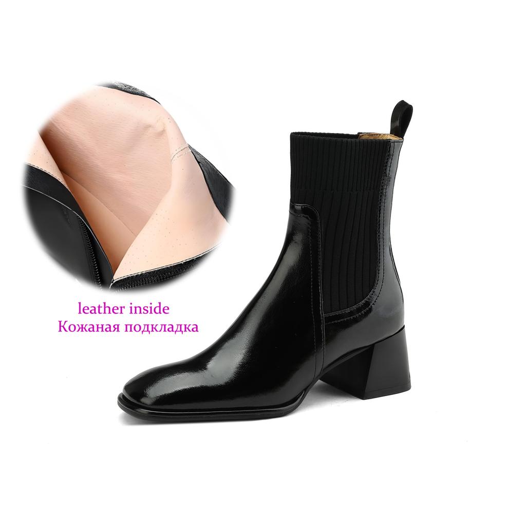 Krazing Pot Cow Skin Autumn Winter Shoes Thick Med Heels Size 43 Western Boots Slip on Stretch Knitwear Ankle Boots