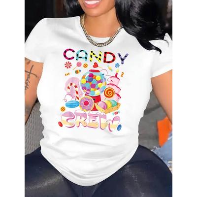 T-shirt da donna a maniche corte, taglia europea, con stampa colorata di caramelle e dolciumi - Scritta in inglese e motivi a bastoncino - Girocollo casual