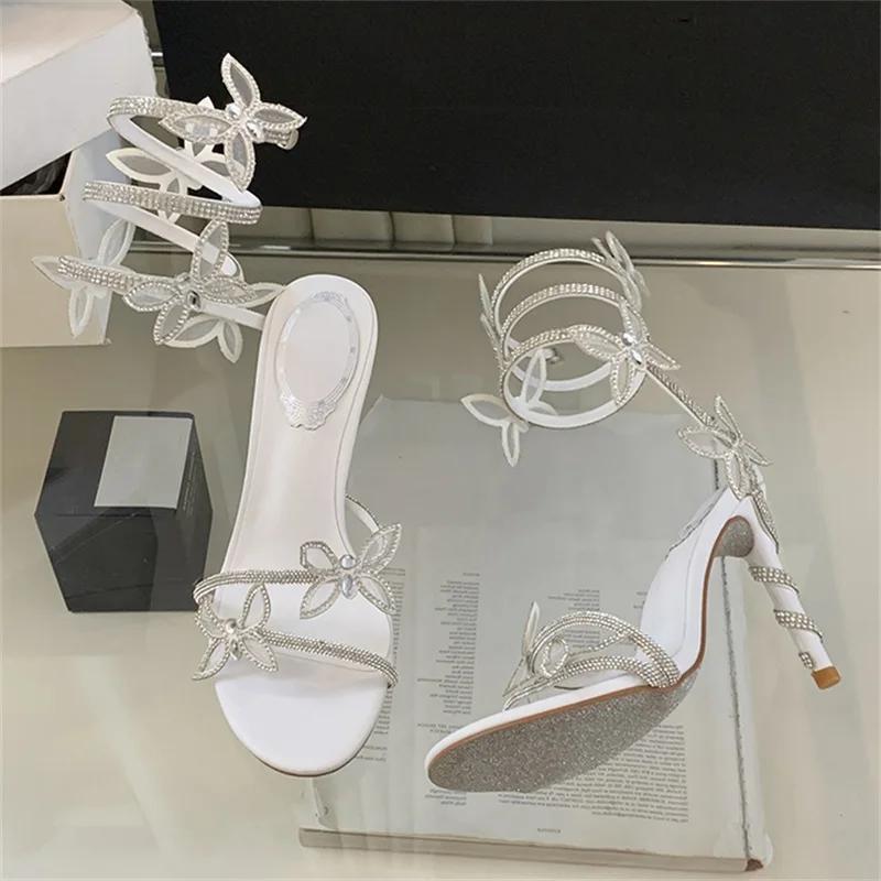 Summer Sexy Open Toe Women Sandals Street Style Thin Heels Crystal Butterfly-knot Ankle Strap Banquet Prom Shoes