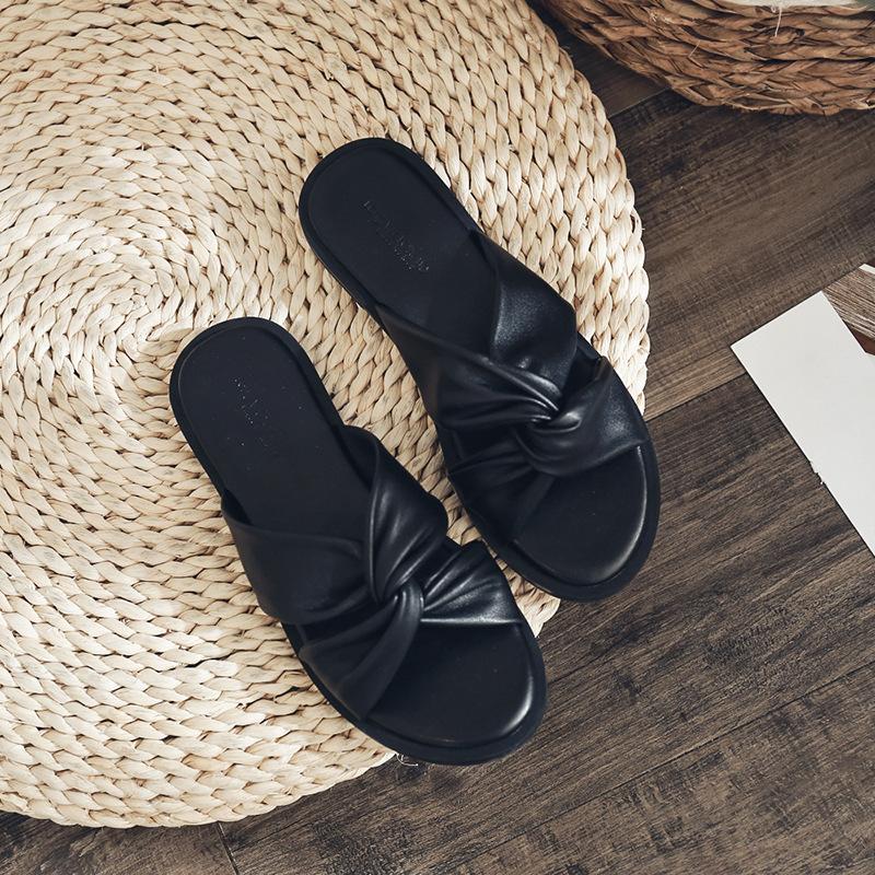 Fashion Soft Leather Twist Bow Slippers Woman Brief Cross Band Sandals Low Heels Slides Beach Shoes Summer Ladies Flipflops Casual Clogs