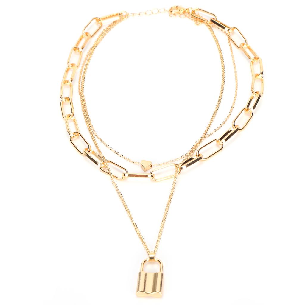 Women Simple Layered Necklace Lock Heart Shaped Pendant Necklace Jewelry Accessory(Golden )
