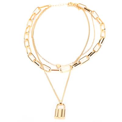 Women Simple Layered Necklace Lock Heart Shaped Pendant Necklace Jewelry Accessory(Golden )