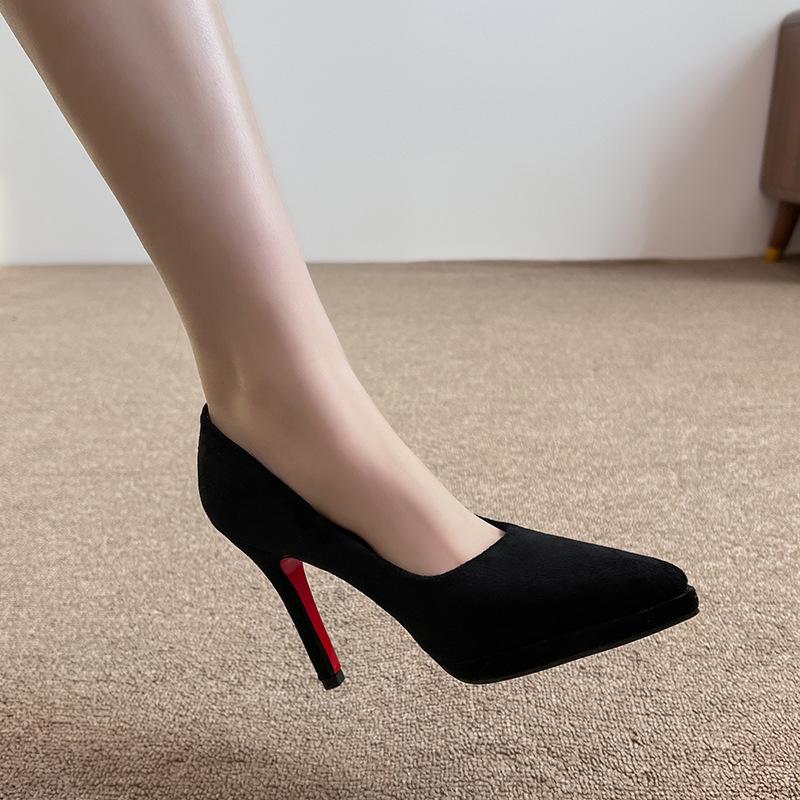 Fashion Black Suede Platform High Heels Women Pointed Toe Stiletto Sexy Dress Shoes