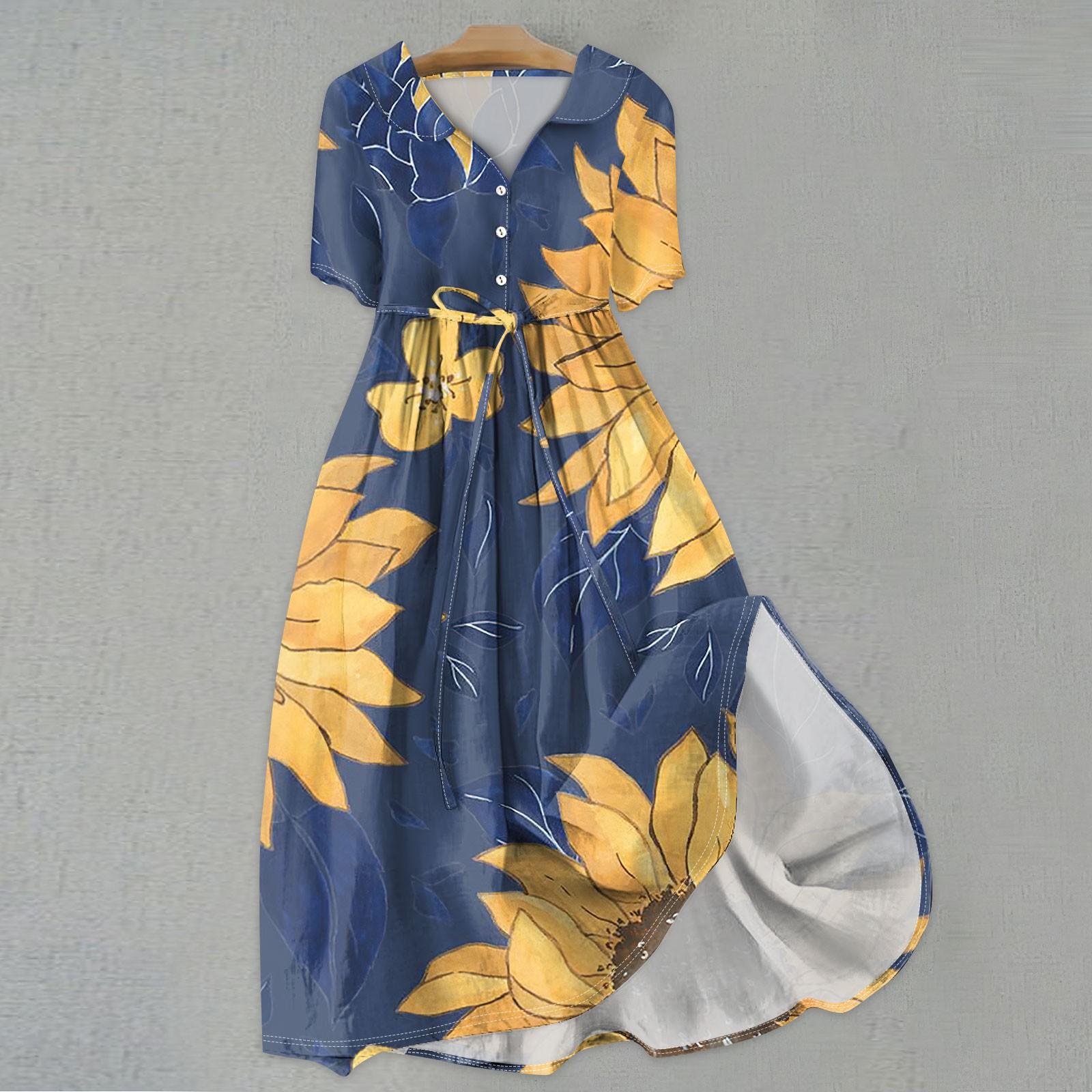 

Женская мода повседневное платье с воротником с лацканами и короткими рукавами с принтом и ремнями L