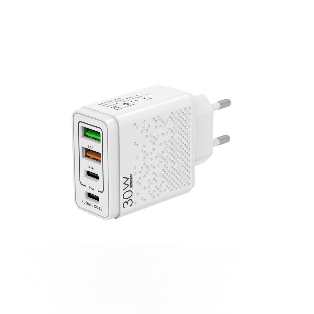 30W Multi-Port Phone Charger with QC3.0 Fast Charging, EU/US/UK Standard