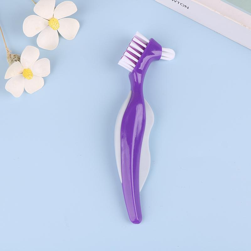 Multi-Layered Bristles Denture Cleaning False Teeth Brush Oral Care Non-Slip Ergonomic Rubber Handle Dual Heads Antibacterial