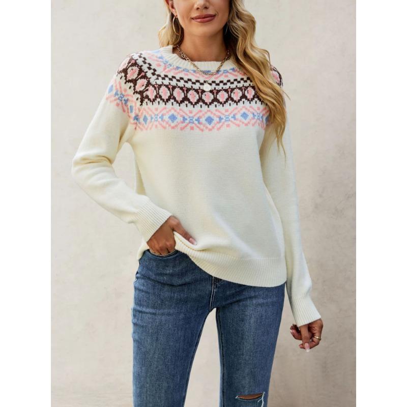 New Autumn and Winter Hot Sale Jacquard Retro Sweater Large Size Crew Neck Pullover Knitted Sweater