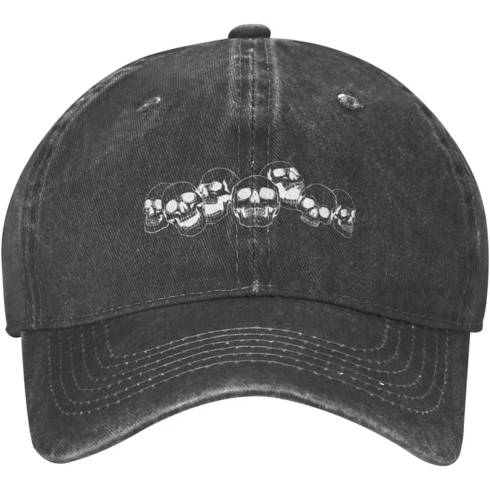 Skull Skulls Black Distressed Adjustable Washed Denim Low Profile Mens Dad Trucker Hat Baseball Ball Cap for Men