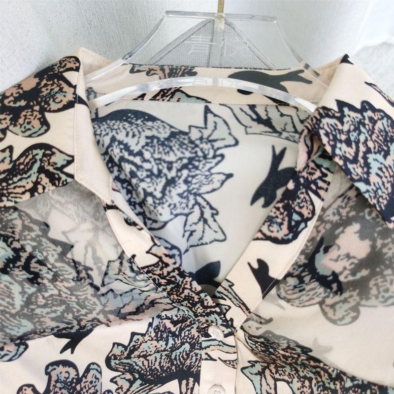 Mulberry Silk Shirt Chinese Ink Painting Print Silk Tops Summer Women's Loose Short-Sleeved Shirt Vintage Floral Tops