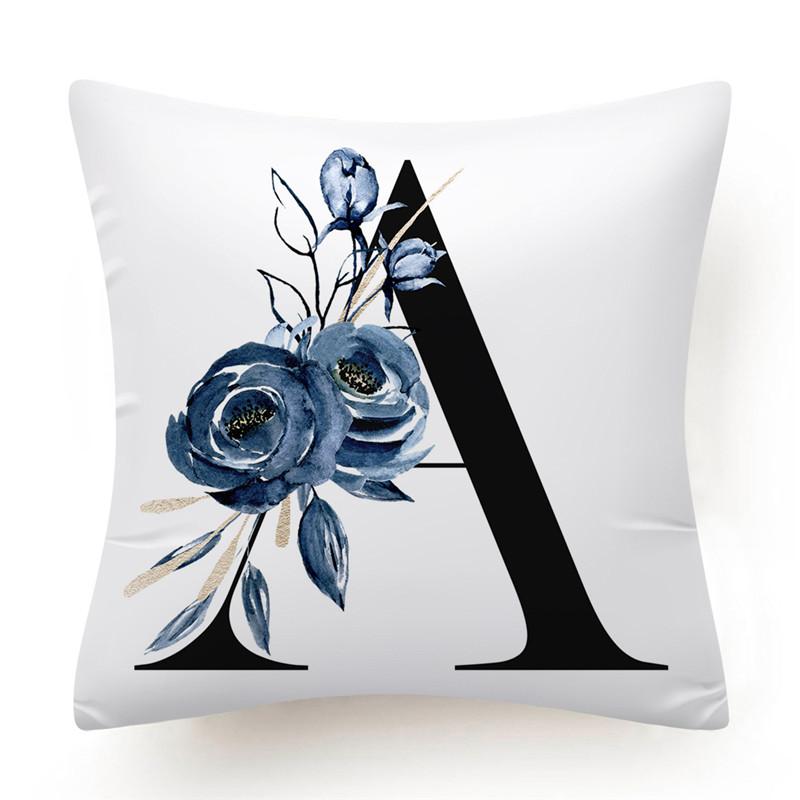 Floral Alphabet Cushion Cover 45x45 Blue Flowers Pillowcase Decorative Sofa Cushions Throw Pillows  Home Decor Pillow Cases