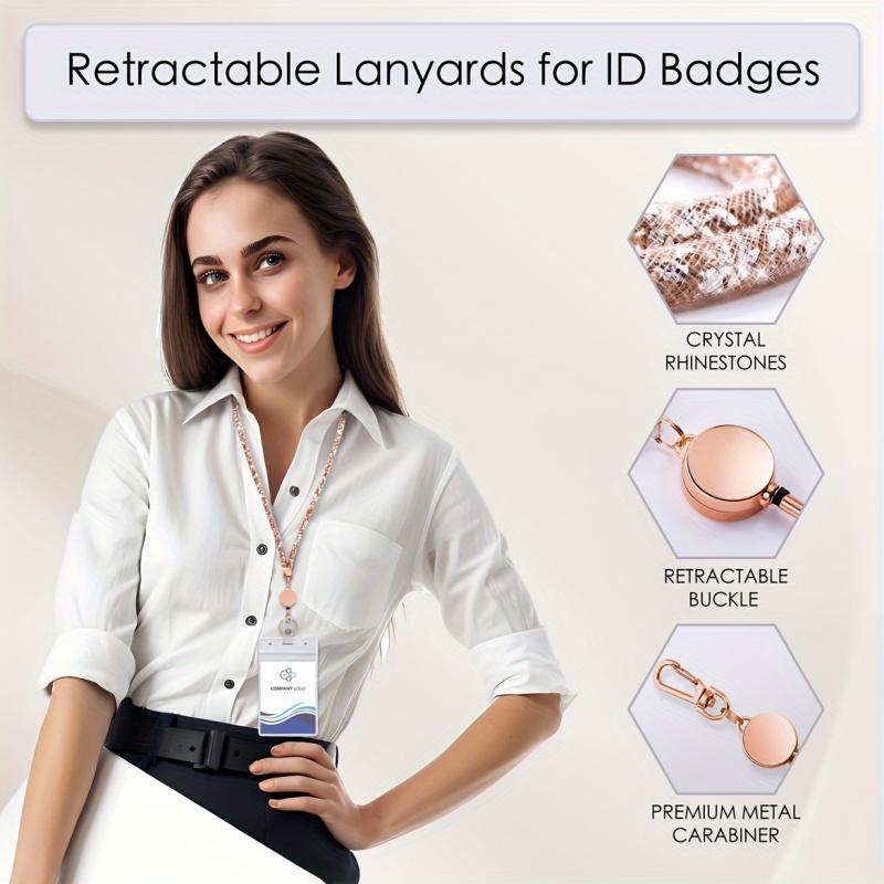 Bling Rhinestone Retractable ID Badge Lanyard Waterproof Card Case Key Holder Stylish Work Badge Clip For Office Daily Use