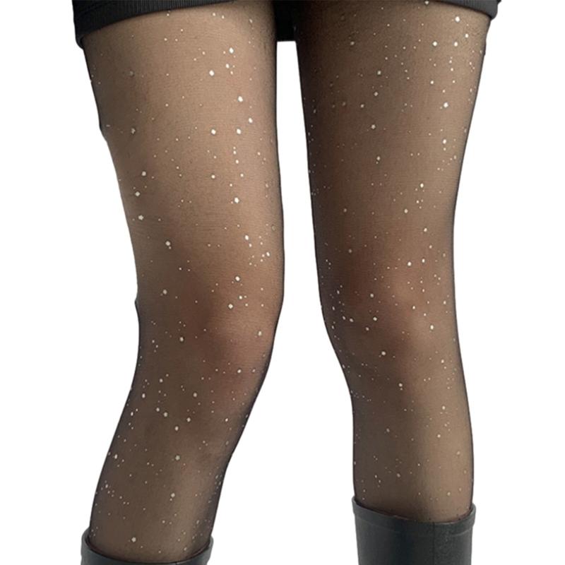 Women Sweet JK Preppy Ultra-Thin Sheer Pantyhose Stockings Glitter Rhinestones Dots See-Through Tights Leggings Hosiery