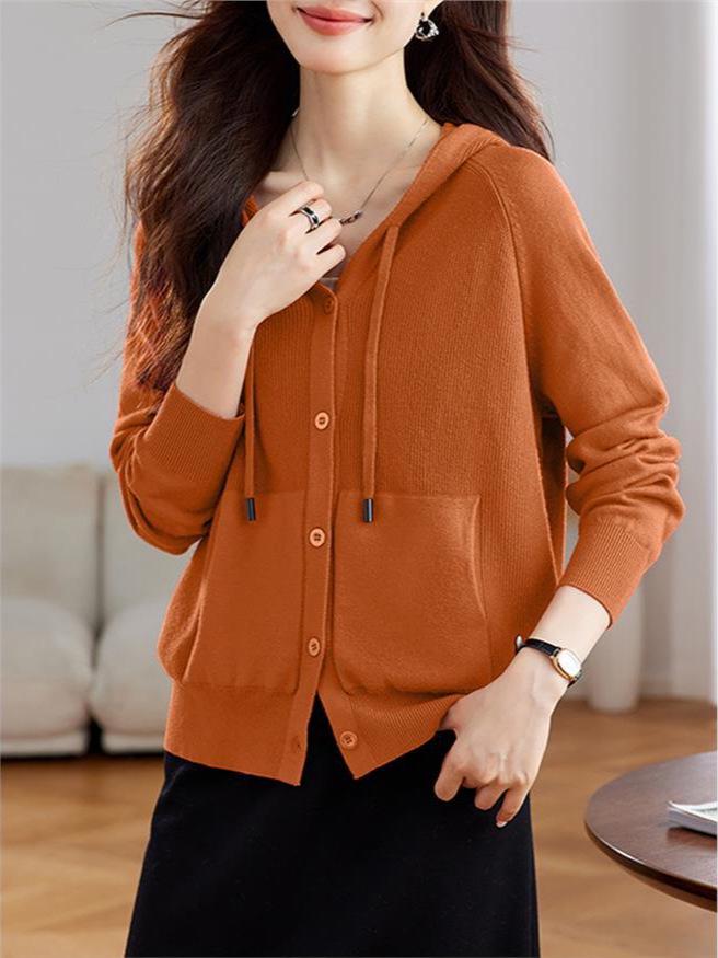 2026 Spring/Autumn Women's Hooded Knit Cardigan - Casual Loose Fit, Slimming Sweater Jacket