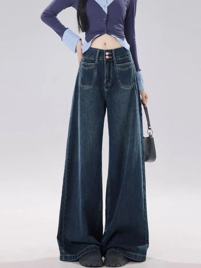 

Темно-синие джинсы с высокой посадкой и широкими штанинами - Женские 2025 Универсальные, стройнящие, драпирующиеся брюки в пол XL