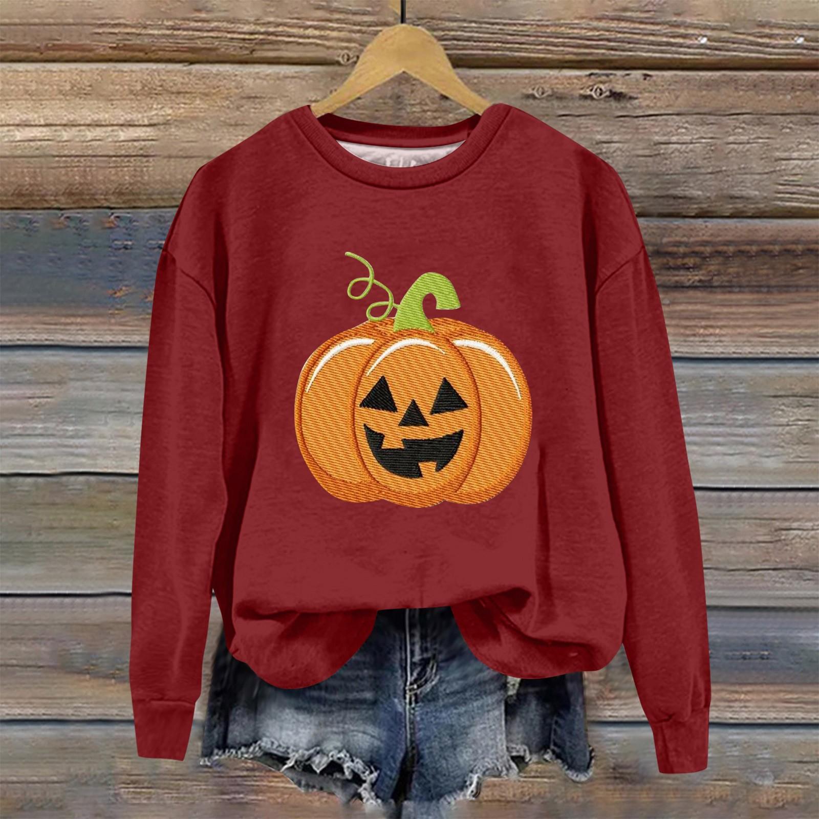 

Женская мода Хэллоуин с длинным рукавом с принтом Свободная толстовка с круглым вырезом Топ XL винный